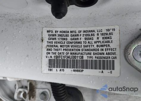 2020 Honda Civic Ex from USA, damaged, VIN 19XFC1F34LE001138